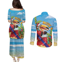 Belize Navidad Christmas Couples Matching Puletasi and Long Sleeve Button Shirt Funny Santa Toucan - Wonder Print Shop
