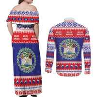 Belize Christmas Couples Matching Off Shoulder Maxi Dress and Long Sleeve Button Shirt Coat Of Arms Merry Xmas - Wonder Print Shop