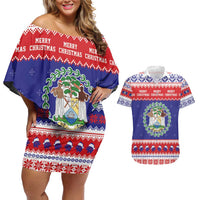 Belize Christmas Couples Matching Off Shoulder Short Dress and Hawaiian Shirt Coat Of Arms Merry Xmas - Wonder Print Shop