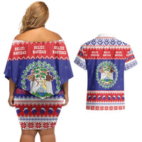Belize Christmas Couples Matching Off Shoulder Short Dress and Hawaiian Shirt Coat Of Arms Merry Xmas - Wonder Print Shop