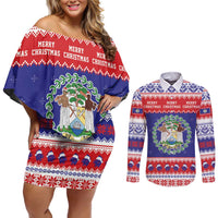 Belize Christmas Couples Matching Off Shoulder Short Dress and Long Sleeve Button Shirt Coat Of Arms Merry Xmas - Wonder Print Shop