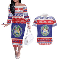 Belize Christmas Couples Matching Off The Shoulder Long Sleeve Dress and Hawaiian Shirt Coat Of Arms Merry Xmas - Wonder Print Shop