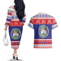 Belize Christmas Couples Matching Off The Shoulder Long Sleeve Dress and Hawaiian Shirt Coat Of Arms Merry Xmas - Wonder Print Shop