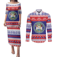 Belize Christmas Couples Matching Puletasi and Long Sleeve Button Shirt Coat Of Arms Merry Xmas - Wonder Print Shop