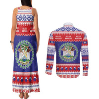 Belize Christmas Couples Matching Tank Maxi Dress and Long Sleeve Button Shirt Coat Of Arms Merry Xmas - Wonder Print Shop