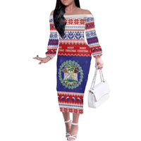 Belize Christmas Family Matching Off The Shoulder Long Sleeve Dress and Hawaiian Shirt Coat Of Arms Merry Xmas - Wonder Print Shop