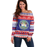 Belize Christmas Off Shoulder Sweater Coat Of Arms Merry Xmas - Wonder Print Shop