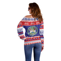 Belize Christmas Off Shoulder Sweater Coat Of Arms Merry Xmas - Wonder Print Shop
