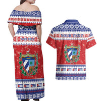 Personalized Cuba Christmas Couples Matching Off Shoulder Maxi Dress and Hawaiian Shirt Coat Of Arms Xmas Vibe - Wonder Print Shop