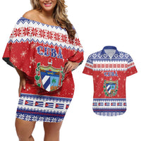 Personalized Cuba Christmas Couples Matching Off Shoulder Short Dress and Hawaiian Shirt Coat Of Arms Xmas Vibe - Wonder Print Shop