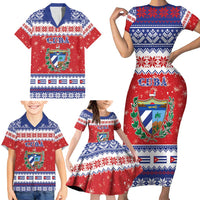 Personalized Cuba Christmas Family Matching Short Sleeve Bodycon Dress and Hawaiian Shirt Coat Of Arms Xmas Vibe - Wonder Print Shop