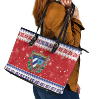 Cuba Christmas Leather Tote Bag Coat Of Arms Xmas Vibe - Wonder Print Shop