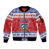 Personalized Cuba Christmas Sleeve Zip Bomber Jacket Coat Of Arms Xmas Vibe - Wonder Print Shop