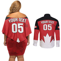 Custom Canada Hockey Couples Matching Off Shoulder Short Dress and Long Sleeve Button Shirt Maple Leaves Sporty Style