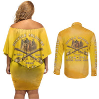 Honor Buffalo Soldiers Couples Matching Off Shoulder Short Dress and Long Sleeve Button Shirt African American Cavalry Yellow Version - Wonder Print Shop