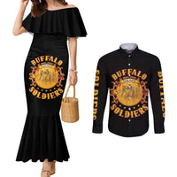 Honor Buffalo Soldiers Couples Matching Mermaid Dress and Long Sleeve Button Shirt African American Cavalry Black Version - Wonder Print Shop