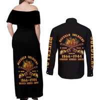 Honor Buffalo Soldiers Couples Matching Off Shoulder Maxi Dress and Long Sleeve Button Shirt African American Cavalry Black Version - Wonder Print Shop