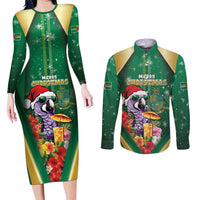 Dominica Christmas Couples Matching Long Sleeve Bodycon Dress and Long Sleeve Button Shirt Funny Santa Sisserou Parrot - Wonder Print Shop