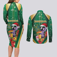 Dominica Christmas Couples Matching Long Sleeve Bodycon Dress and Long Sleeve Button Shirt Funny Santa Sisserou Parrot - Wonder Print Shop