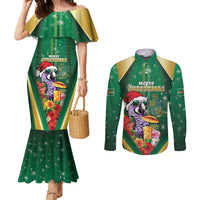 Dominica Christmas Couples Matching Mermaid Dress and Long Sleeve Button Shirt Funny Santa Sisserou Parrot - Wonder Print Shop