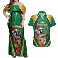 Dominica Christmas Couples Matching Off Shoulder Maxi Dress and Hawaiian Shirt Funny Santa Sisserou Parrot - Wonder Print Shop