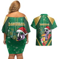 Dominica Christmas Couples Matching Off Shoulder Short Dress and Hawaiian Shirt Funny Santa Sisserou Parrot - Wonder Print Shop