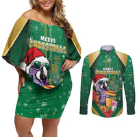 Dominica Christmas Couples Matching Off Shoulder Short Dress and Long Sleeve Button Shirt Funny Santa Sisserou Parrot - Wonder Print Shop