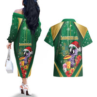 Dominica Christmas Couples Matching Off The Shoulder Long Sleeve Dress and Hawaiian Shirt Funny Santa Sisserou Parrot - Wonder Print Shop