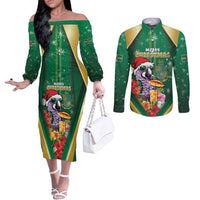 Dominica Christmas Couples Matching Off The Shoulder Long Sleeve Dress and Long Sleeve Button Shirt Funny Santa Sisserou Parrot - Wonder Print Shop