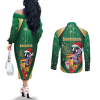 Dominica Christmas Couples Matching Off The Shoulder Long Sleeve Dress and Long Sleeve Button Shirt Funny Santa Sisserou Parrot - Wonder Print Shop