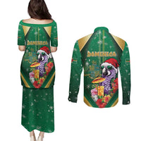 Dominica Christmas Couples Matching Puletasi and Long Sleeve Button Shirt Funny Santa Sisserou Parrot - Wonder Print Shop