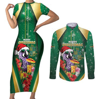 Dominica Christmas Couples Matching Short Sleeve Bodycon Dress and Long Sleeve Button Shirt Funny Santa Sisserou Parrot - Wonder Print Shop