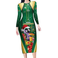 Dominica Christmas Long Sleeve Bodycon Dress Funny Santa Sisserou Parrot - Wonder Print Shop