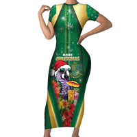 Dominica Christmas Short Sleeve Bodycon Dress Funny Santa Sisserou Parrot - Wonder Print Shop