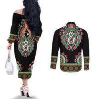 Libya Barbary Lion Couples Matching Off The Shoulder Long Sleeve Dress and Long Sleeve Button Shirt Dashiki Simple Style