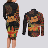 Kwanzaa Kinara Candles Couples Matching Long Sleeve Bodycon Dress and Long Sleeve Button Shirt African Tribal Pattern LT05 - Wonder Print Shop
