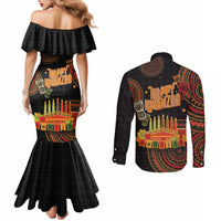 Kwanzaa Kinara Candles Couples Matching Mermaid Dress and Long Sleeve Button Shirt African Tribal Pattern