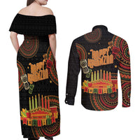 Kwanzaa Kinara Candles Couples Matching Off Shoulder Maxi Dress and Long Sleeve Button Shirt African Tribal Pattern LT05 - Wonder Print Shop