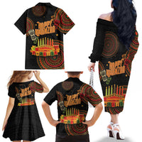 Kwanzaa Kinara Candles Family Matching Off The Shoulder Long Sleeve Dress and Hawaiian Shirt African Tribal Pattern LT05 - Wonder Print Shop