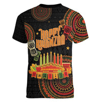 Kwanzaa Kinara Candles Women V-Neck T-Shirt African Tribal Pattern LT05 - Wonder Print Shop
