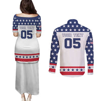 Custom United States Hockey Couples Matching Puletasi and Long Sleeve Button Shirt Go Champions USA
