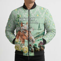 Personalized Kentucky Horse Racing Bomber Puffer Jacket Rose Diamond Pattern Mint