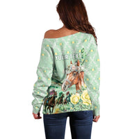 Personalized Kentucky Horse Racing Off Shoulder Sweater Rose Diamond Pattern Mint