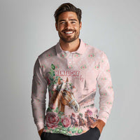 Personalized Kentucky Horse Racing Long Sleeve Polo Shirt Rose Diamond Pattern Pink