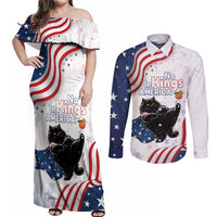 Funny Cat No Kings Couples Matching Off Shoulder Maxi Dress and Long Sleeve Button Shirt Rejecting Kings Since 1776 - Wonder Print Shop