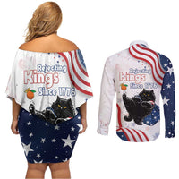Funny Cat No Kings Couples Matching Off Shoulder Short Dress and Long Sleeve Button Shirt Rejecting Kings Since 1776 - Wonder Print Shop