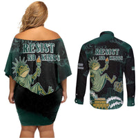 Frogs Against Fascism Couples Matching Off Shoulder Short Dress and Long Sleeve Button Shirt No Kings Funny Portland Frog Protest - Wonder Print Shop