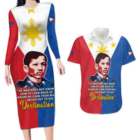 Philippines Filipinos Couples Matching Long Sleeve Bodycon Dress and Hawaiian Shirt Jose Rizal Flag Style
