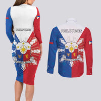 Philippines Filipinos Couples Matching Long Sleeve Bodycon Dress and Long Sleeve Button Shirt Jose Rizal Flag Style