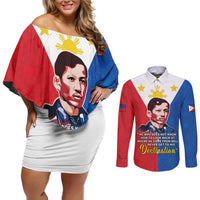 Philippines Filipinos Couples Matching Off Shoulder Short Dress and Long Sleeve Button Shirt Jose Rizal Flag Style